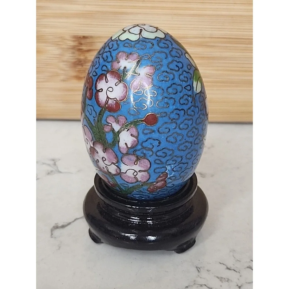 Cloisonné Art Egg Sculpture w Wood Stand Blue Pink Green Gold Floral Design EUC